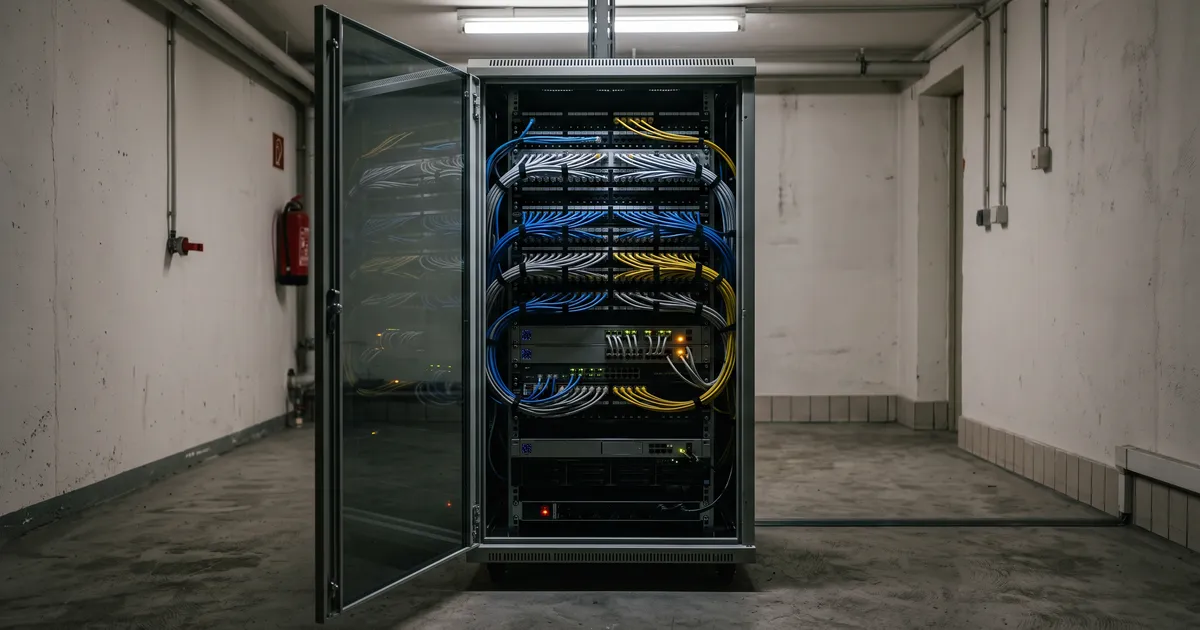 Serverschrank mit Übertragungsgerät und Statusleuchten, sauber gelegte Patchkabel, kühles Licht
