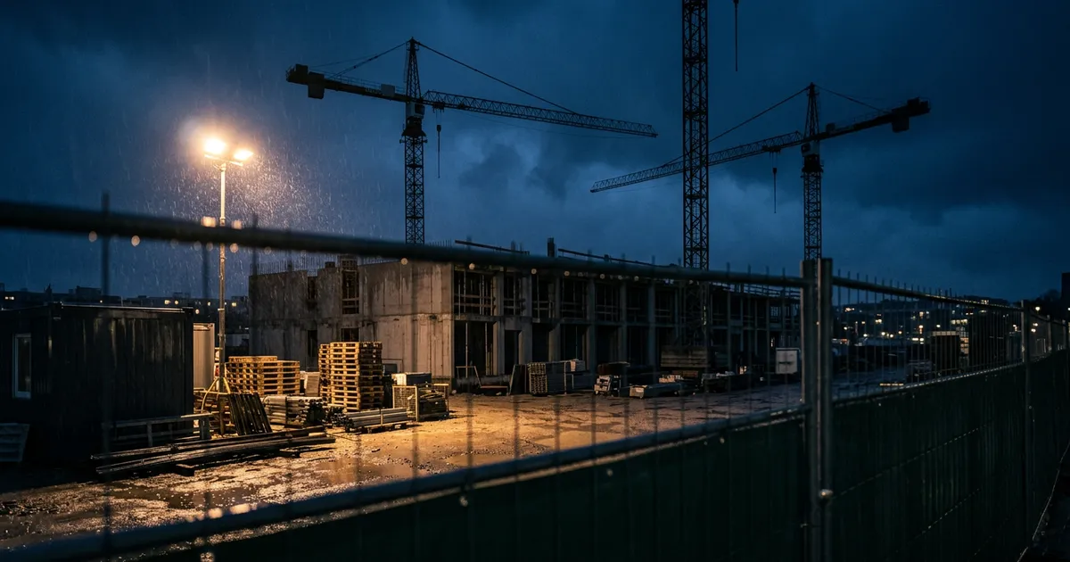 Baustelle bei Nacht im Regen mit Kränen und Bauzaun