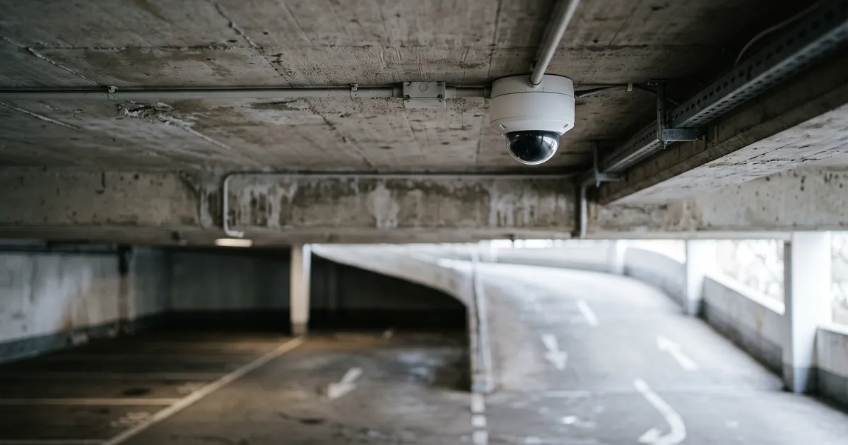 Dome-Überwachungskamera an der Betondecke einer Tiefgarage