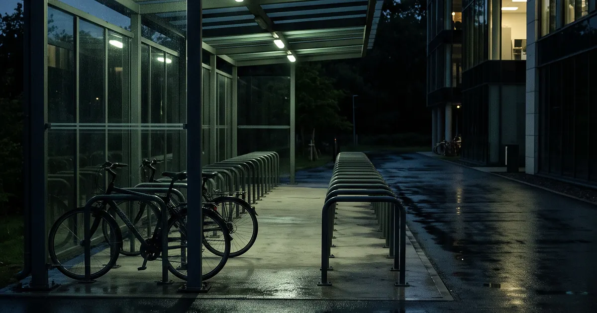 Ueberdachter Fahrradunterstand neben einem modernen Firmengebaeude in der Daemmerung, Reihen stabiler Stahlbuegel, meist leer, blassgruenes Licht, verlassen, niemand zu sehen
