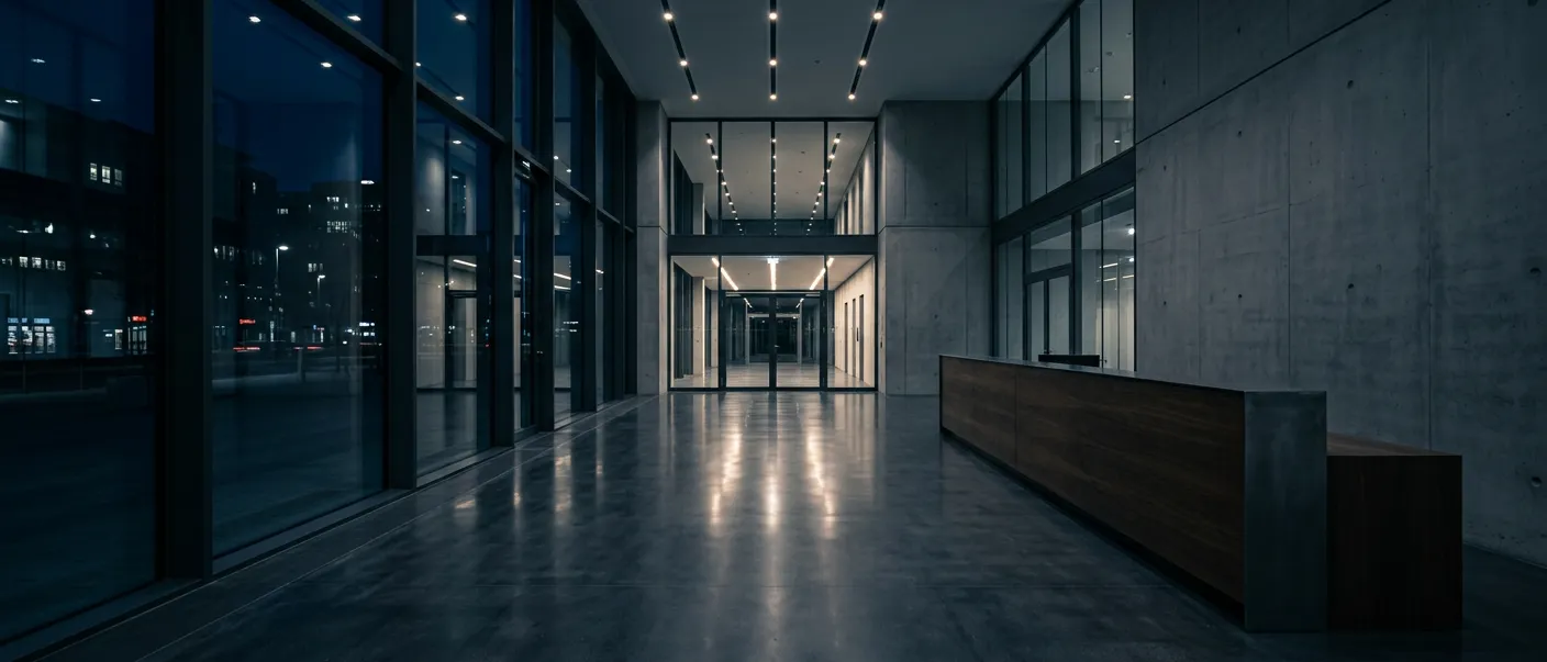 Leere Eingangshalle eines Bürogebäudes bei Nacht