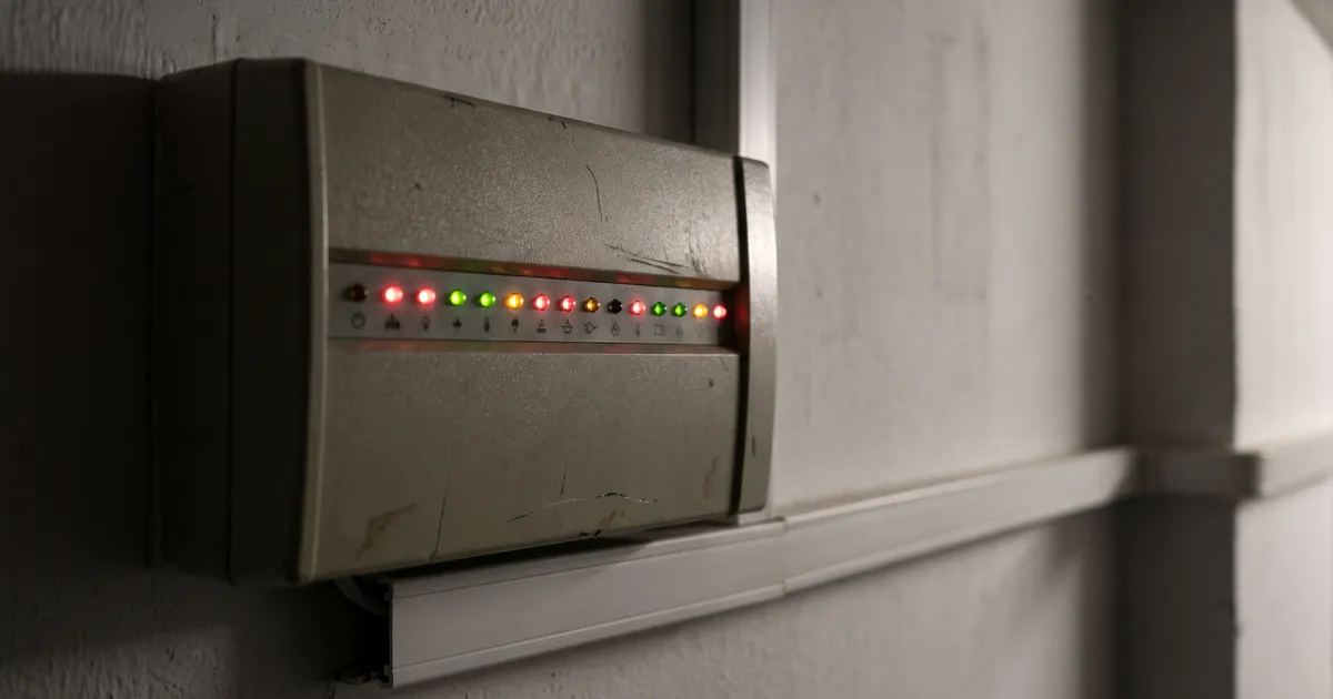 Detailaufnahme eines Alarmzentralen-Displays mit Ereignisliste, seitliches Licht, keine lesbaren Firmennamen