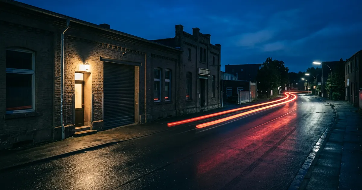 Gewerbestraße bei Nacht mit beleuchtetem Gebäudeeingang und Lichtspur eines Fahrzeugs