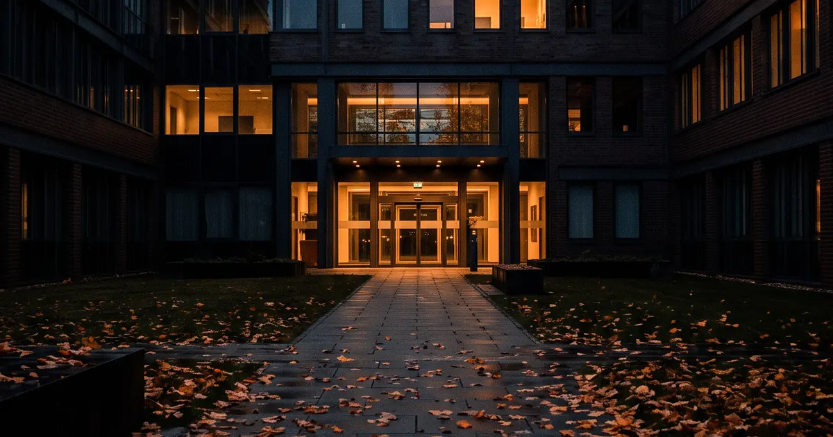Modernes Buerogebaeude in der Herbstdaemmerung, erste Fensterlichter, Laub im gepflasterten Hof, freier Blick auf den Eingang, warmes Bernstein, verlassen, niemand zu sehen