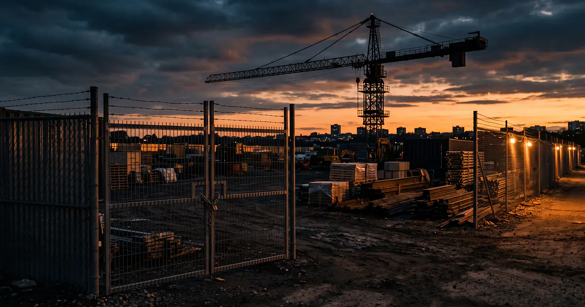 Weite Ansicht einer umzäunten Baustelle in der Dämmerung mit Kranumriss, gestapeltem Material und geschlossenem Tor