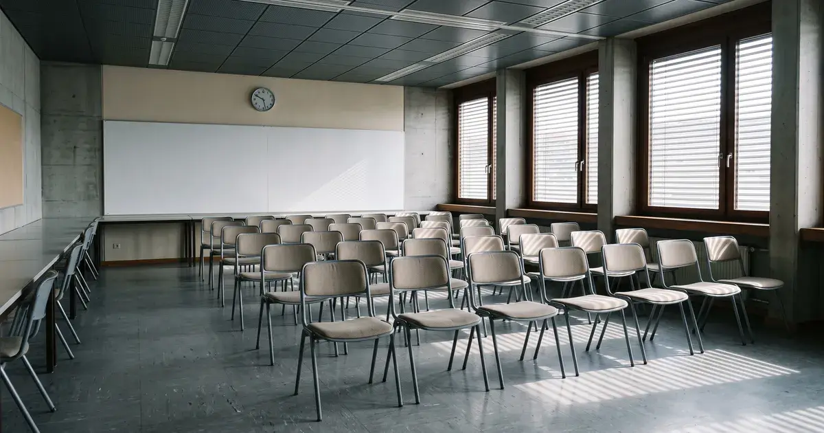 Leerer Schulungsraum mit Stuhlreihen und Tageslicht durch halb geschlossene Jalousien, im Vordergrund ein geschlossener Aktenordner auf dem Tisch