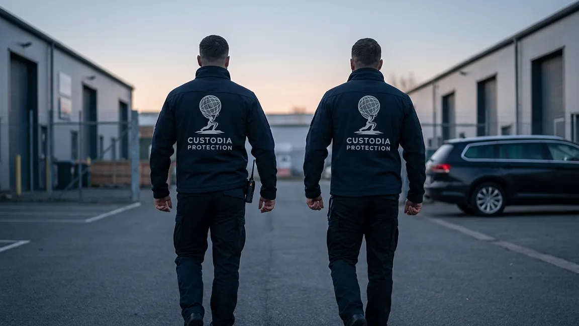 Zwei Mitarbeiter von Custodia Protection in Dienstjacken beim Schichtbeginn im Morgengrauen