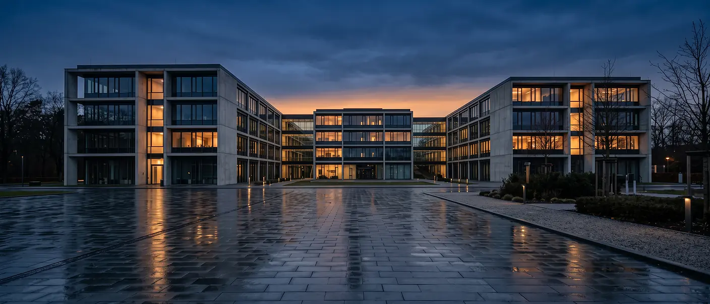 Bürogebäudekomplex in der Abenddämmerung mit offenem, gepflastertem Vorplatz