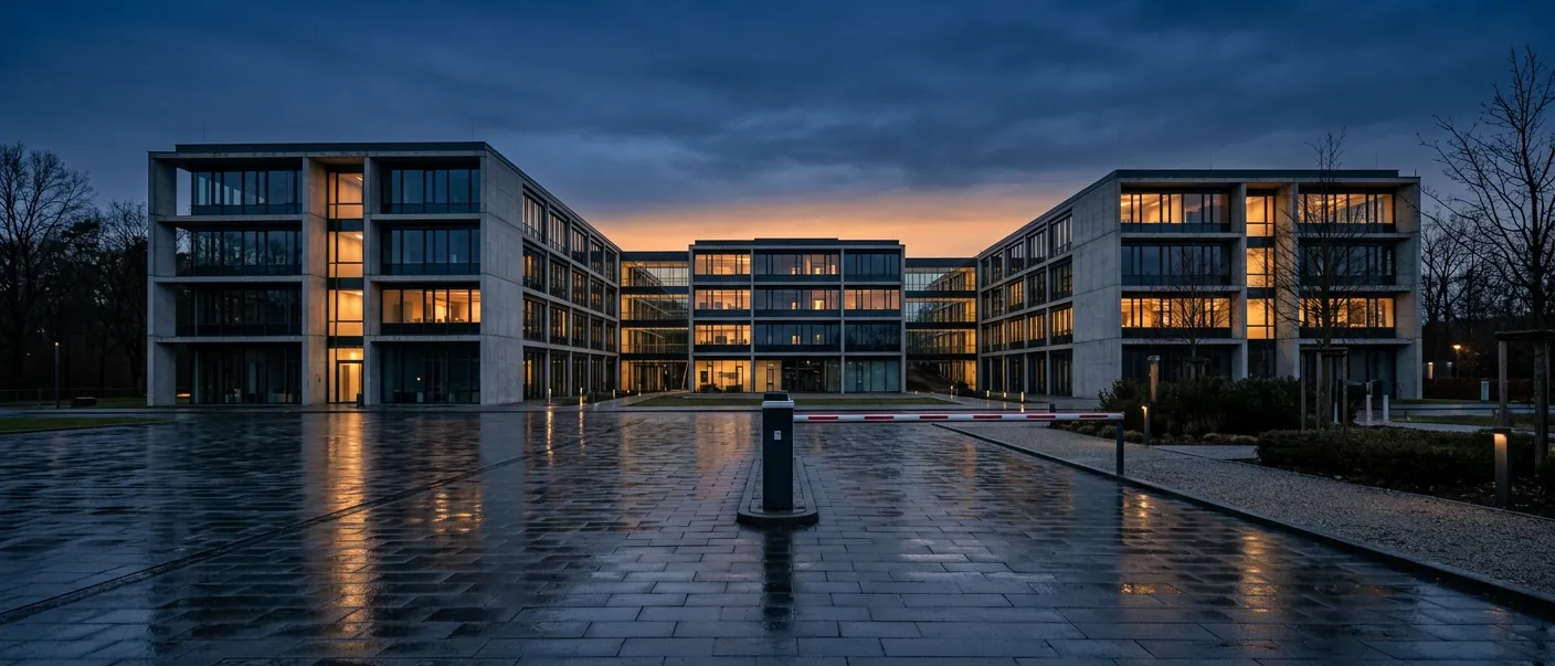 Bürogebäudekomplex in der Abenddämmerung mit geschlossener Schranke
