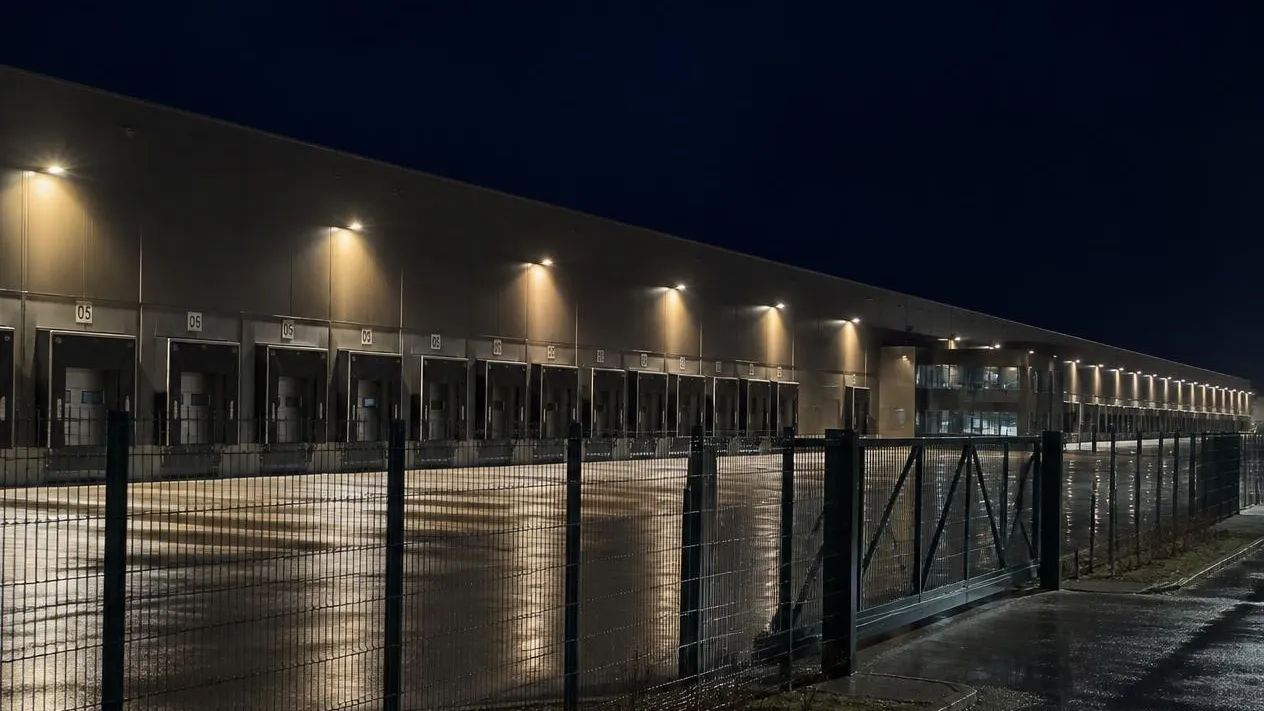 Beleuchtete Logistikhalle mit Laderampen hinter einem Zaun bei Nacht