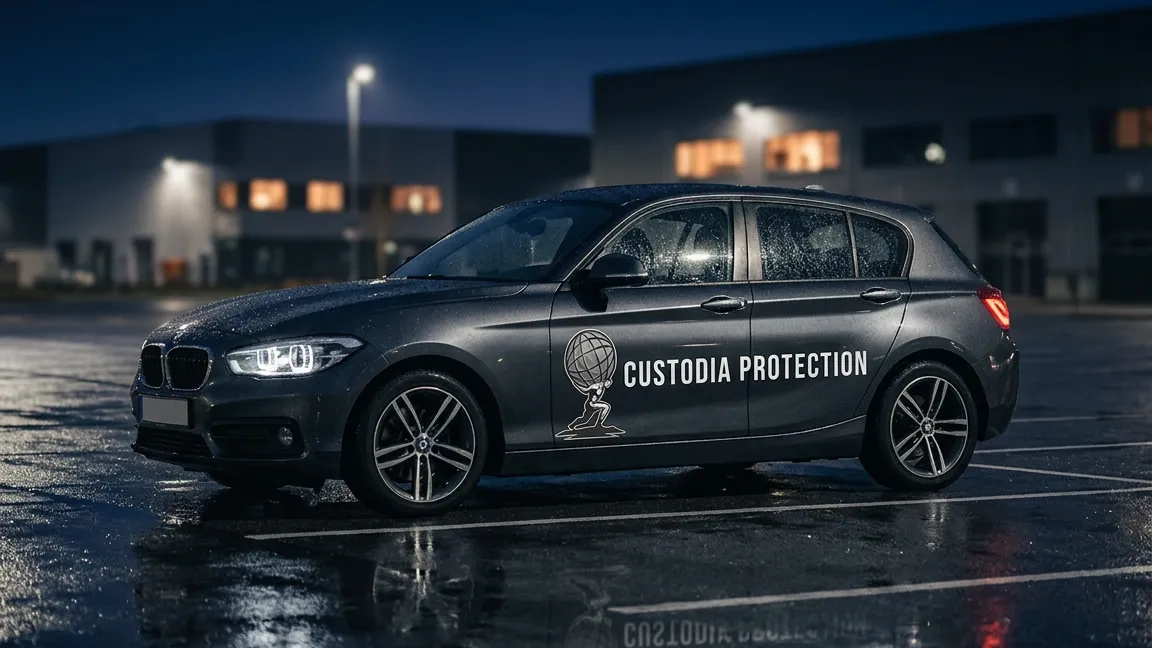 Streifenfahrzeug von Custodia Protection bei Nacht auf einem Gewerbeparkplatz