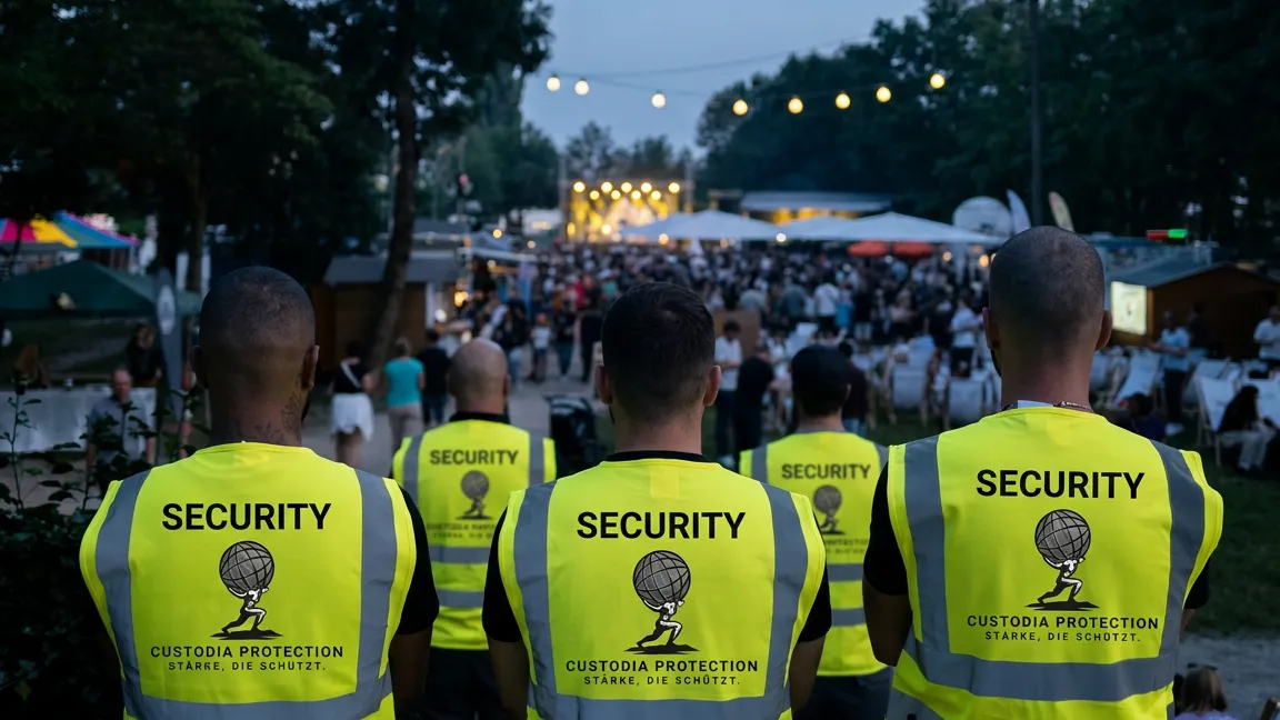 Fünf Mitarbeiter von Custodia Protection in Warnwesten bei einer Abendveranstaltung