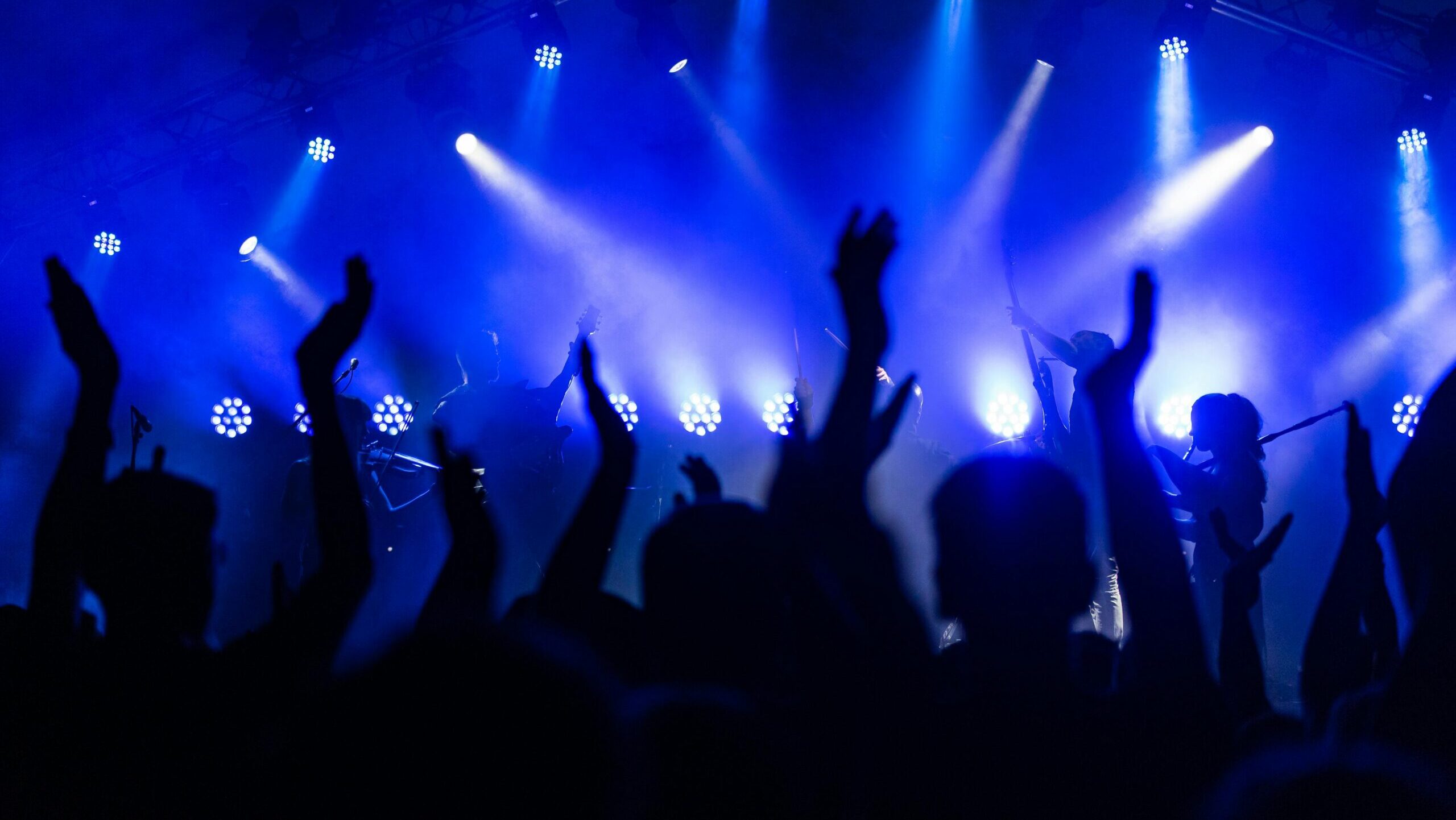 Dynamic concert scene with cheering crowd and vibrant blue lighting.